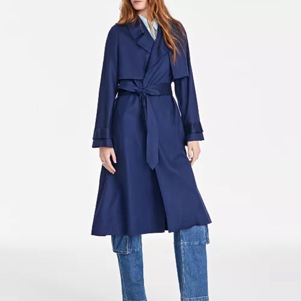 Navy Blue Trench Coat with Belted Waist and Long Silhouette